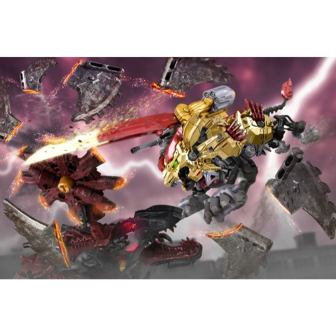  Zoids Liger Zero battling a dark Zoid, with sparks and debris flying.