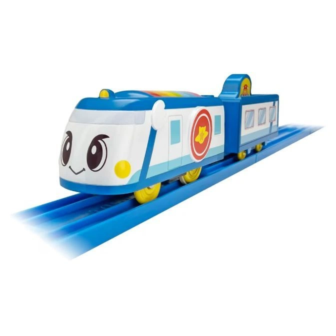  Blue and white toy train with cartoon face on blue tracks.