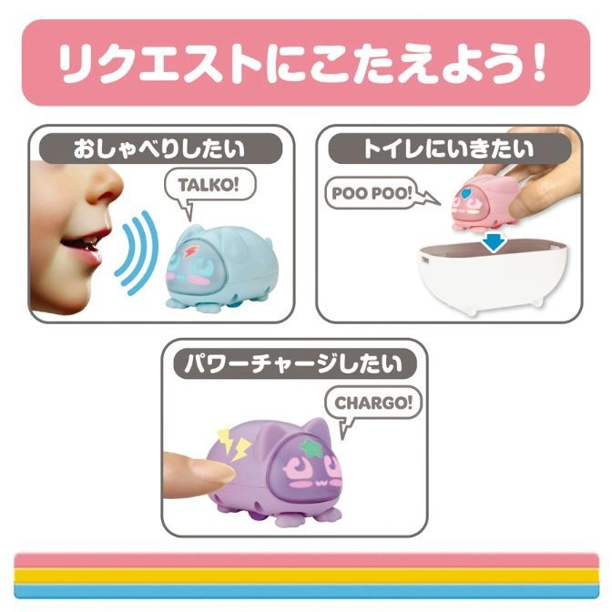  Interactive toy showing talk, toilet, and charge actions with speech bubbles: Talko, Poo Poo, and Chargo.