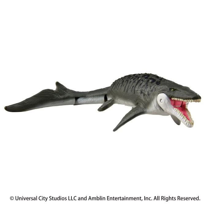  Grey Mosasaurus toy with an open mouth showing pink gums and white teeth.