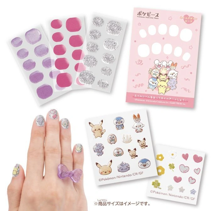 Pokémon nail art stickers featuring Pikachu and friends, with glitter and pastel designs for nails and toes.