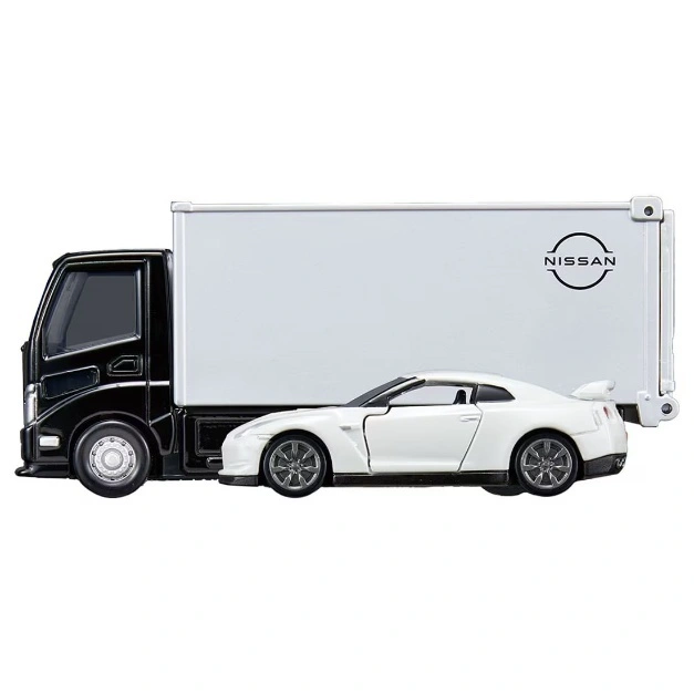  Nissan truck carrying a white Nissan GT-R toy car. Diecast model.