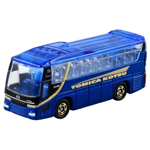  Blue Tomica Kotsu Hino S'elega bus toy with gold accents and black wheels.