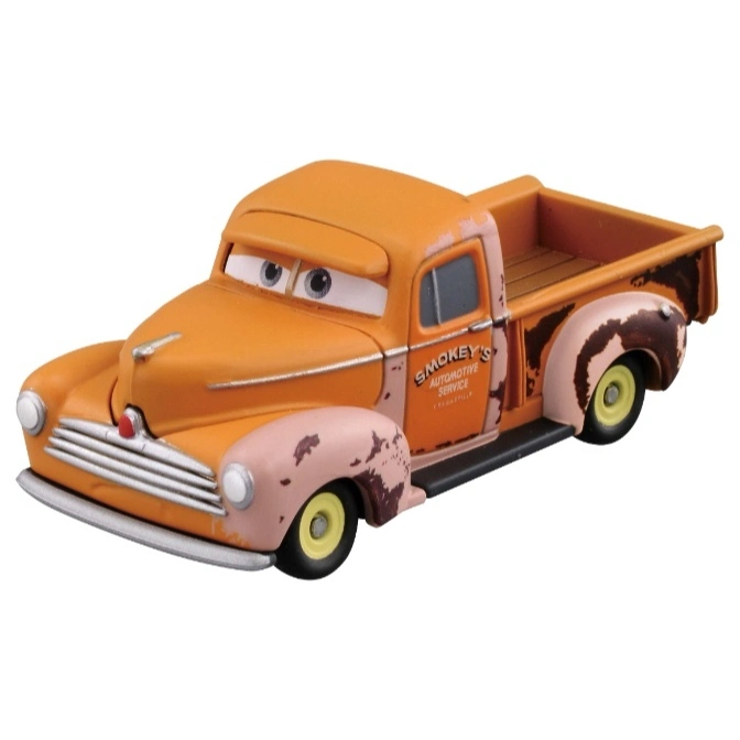 Orange Smokey's Automotive Service toy truck with eyes and weathered paint.