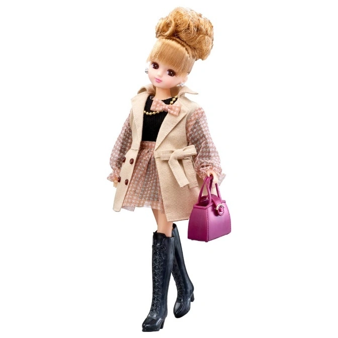 Licca doll in a beige coat, pink skirt, and black boots, holding a purple purse.