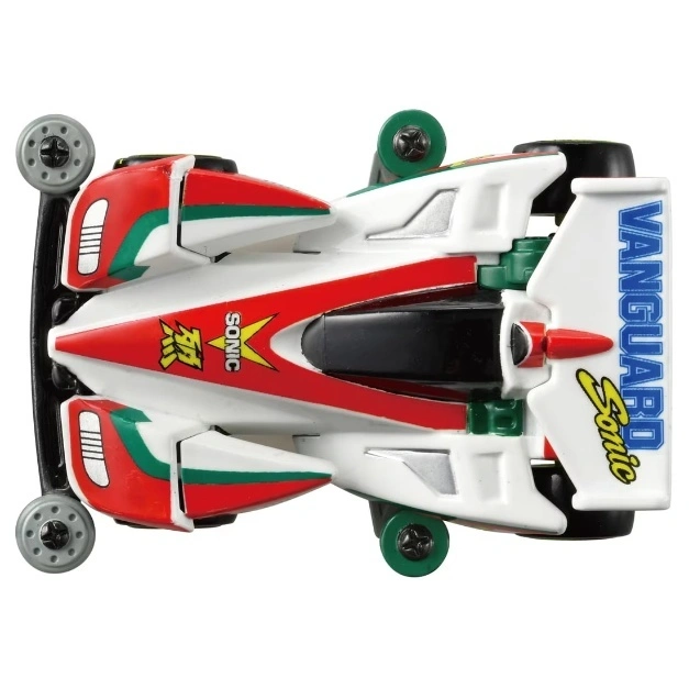  White, red, and green Vanguard Sonic mini 4WD racing car with visible wheels and decals.