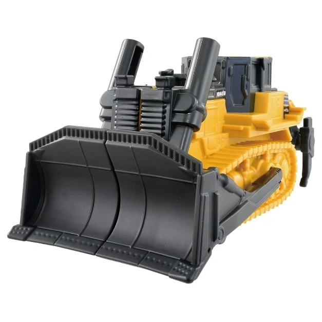  Yellow and black Komatsu bulldozer toy with large blade and visible treads.