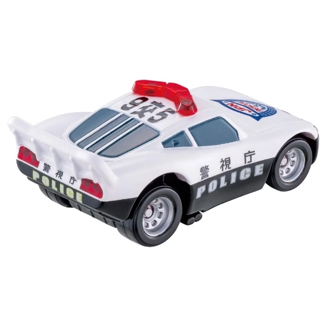  Toy police car with red lights and Japanese writing.