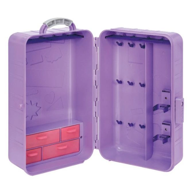  Open purple toy wardrobe with drawers and hangers for doll clothes and accessories.