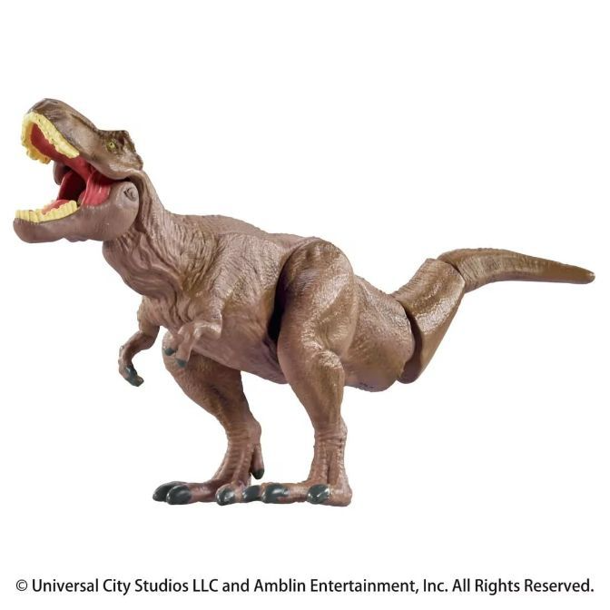  Brown T-Rex toy with open mouth showing yellow teeth and pink tongue.