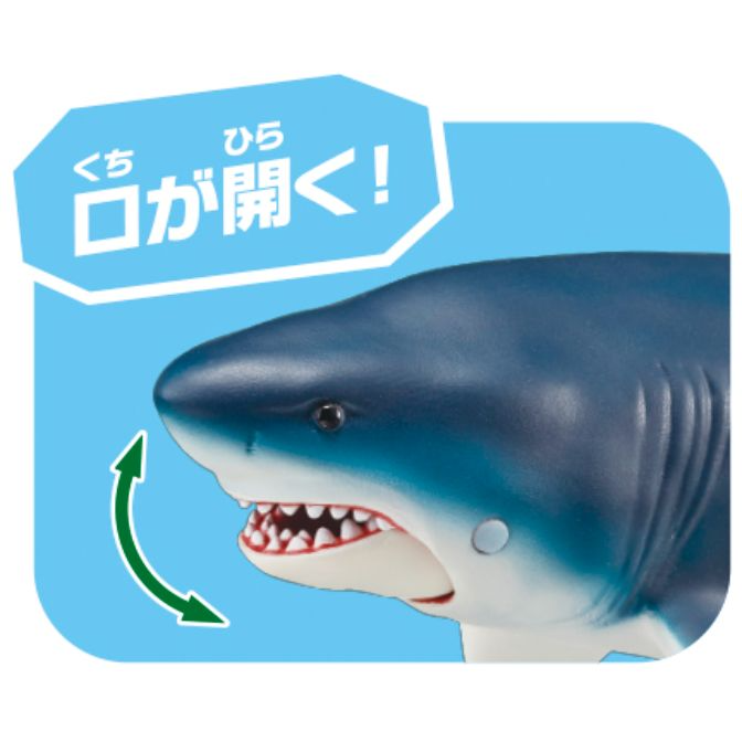  Toy shark with open mouth feature, indicated by a green arrow and Japanese text.