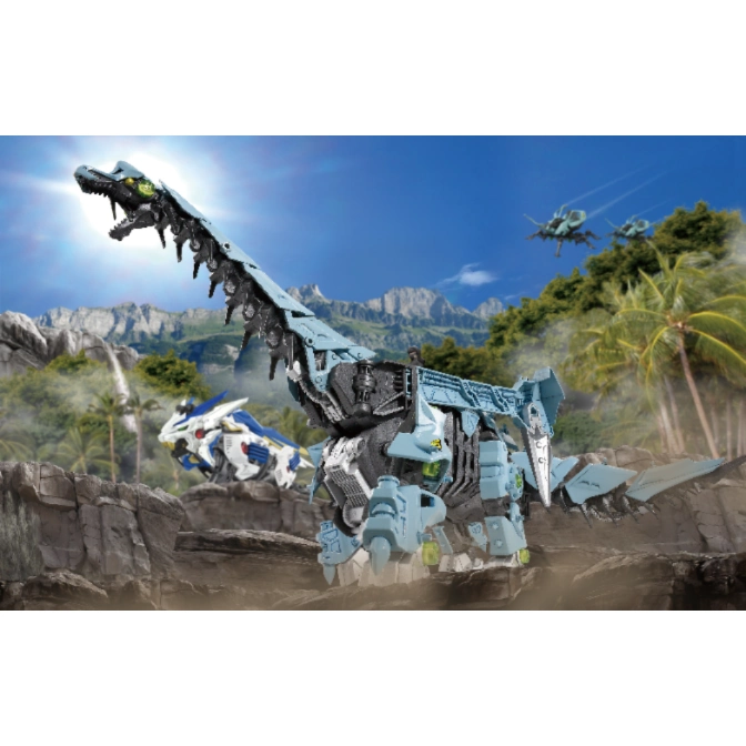  Blue mechanical dinosaur toy with a long neck and a robotic head in a jungle setting.
