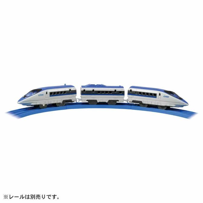  A toy train with three cars on a blue track.
