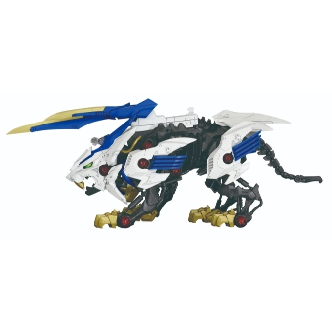 Zoids Liger Zero toy with blue and gold accents, posed in a walking stance.