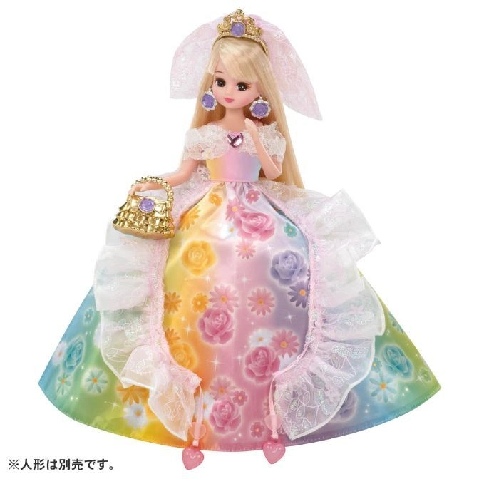 Blonde doll in rainbow floral gown with crown, veil, purse, and heart accents.