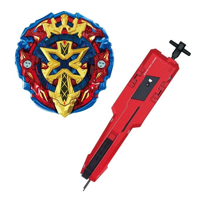  Beyblade X toy with red launcher. Gold, red, and blue spinning top.