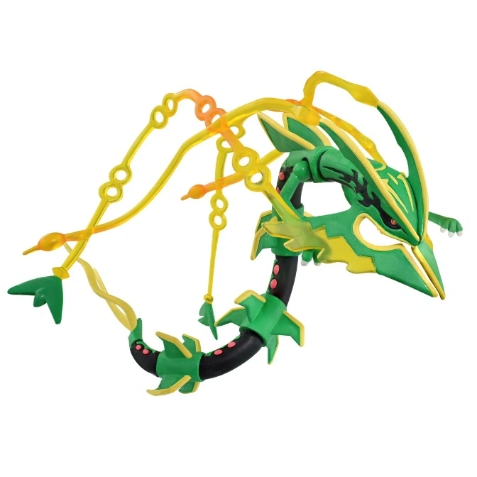 Green Rayquaza toy with yellow accents and flexible yellow appendages.