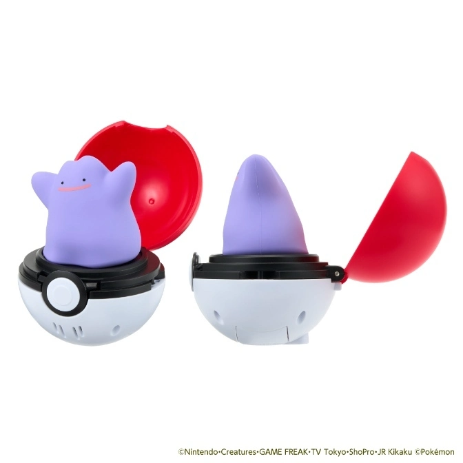  Two Ditto toys in Poké Balls, one open with Ditto inside, the other partially transformed.