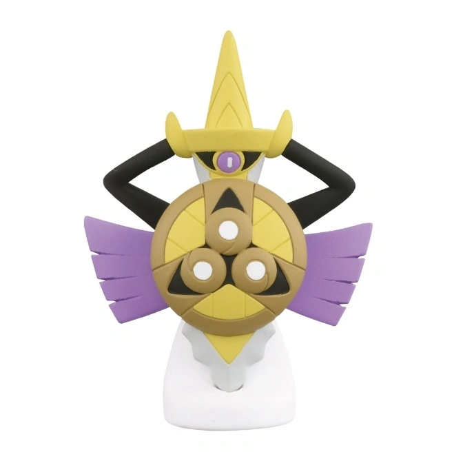  Aegislash toy figure with yellow crown, purple wings, and a shield with three white circles.
