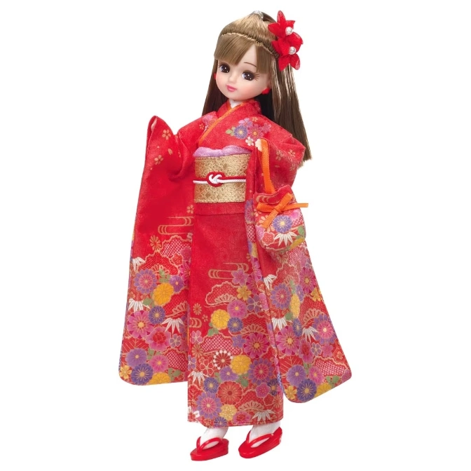  Licca-chan doll in red floral kimono with matching purse and hair accessory.