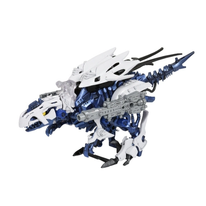 Blue and white Zoids dinosaur toy with guns.