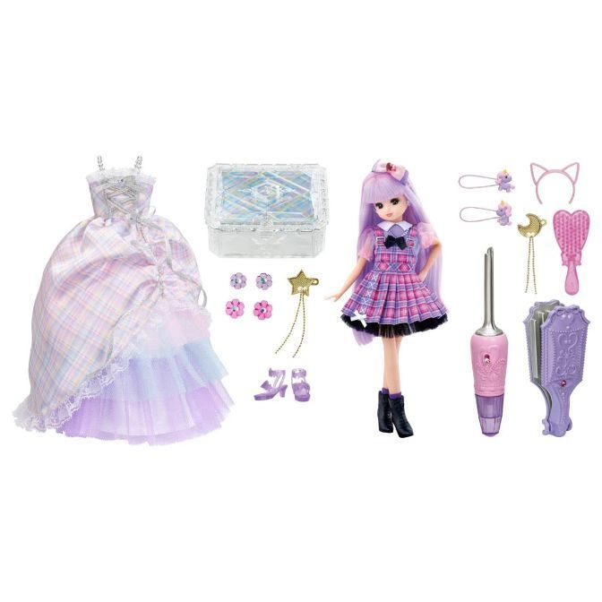 Doll with dress, jewelry box, accessories: shoes, hair clips, brush, mirror, wand.