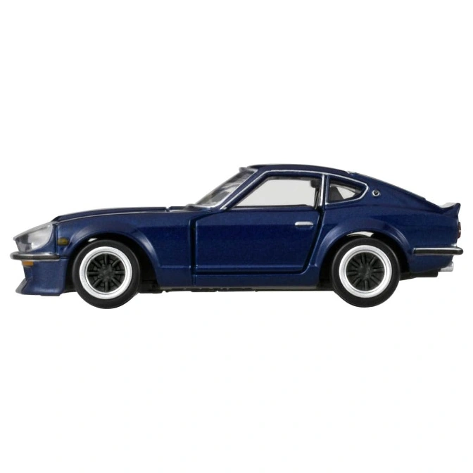  Blue toy Datsun 240Z with black wheels, side view.
