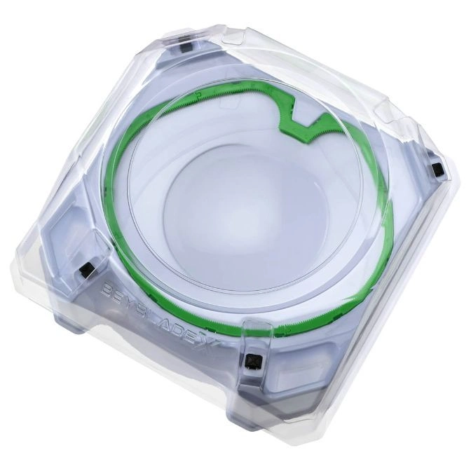 Beyblade Burst stadium with green accents and a clear protective cover.
