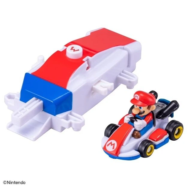Mario Kart toy set with launcher. Mario in kart ready to race.