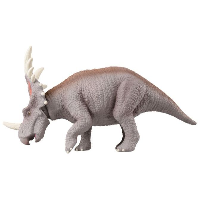 Grey Styracosaurus toy with horns and frill.