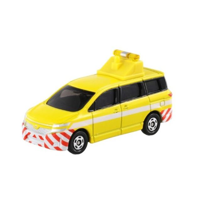 Yellow toy minivan with hazard stripes and roof lights.