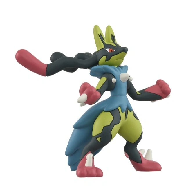 A Lucario toy figure with green, black, red, and blue coloring in a dynamic pose.