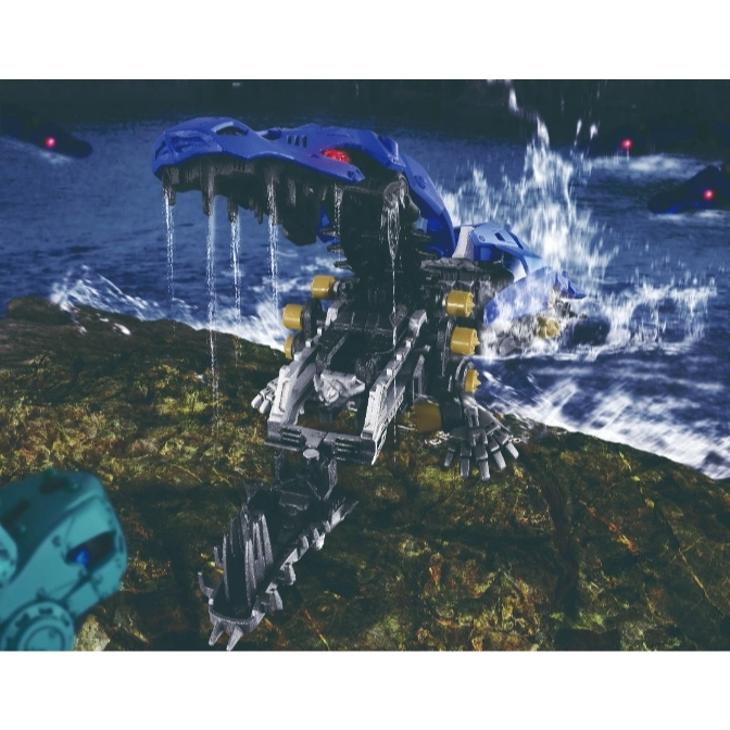  Blue robotic dinosaur toy with icicles, standing on a hill near water.