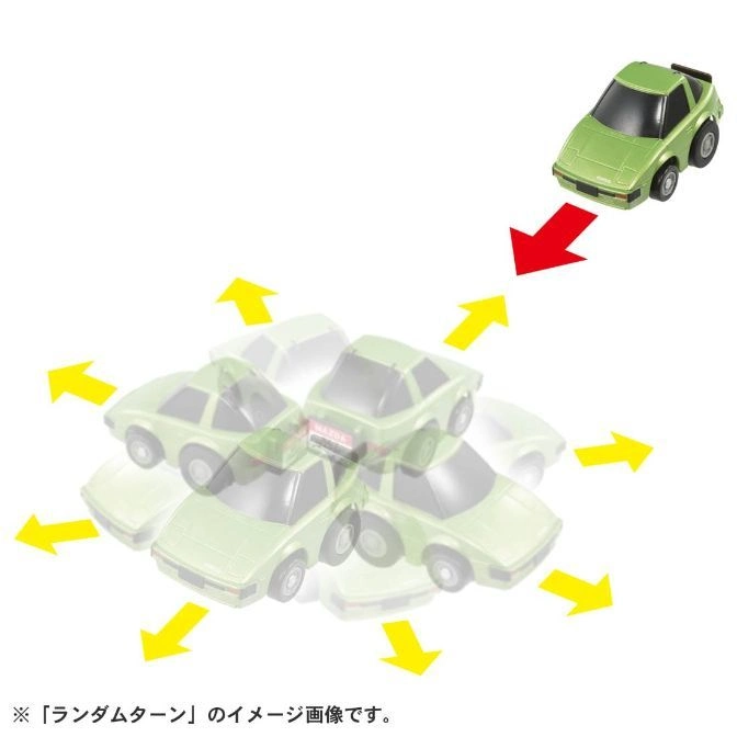  Green toy car performing a random turn, indicated by yellow arrows. One car is separate with a red arrow.