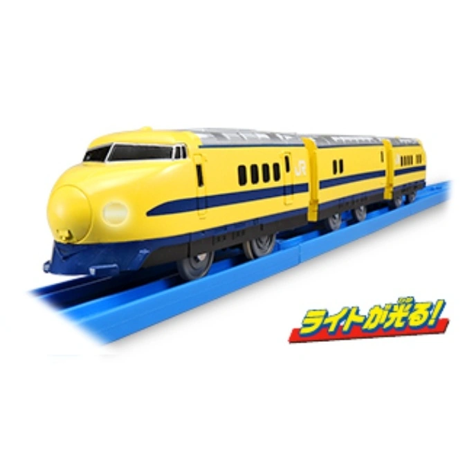  Yellow toy bullet train on blue tracks, with illuminated headlight.