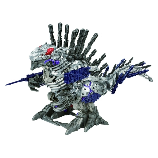  Silver Zoids Gojulas with blue and black weapons, standing.