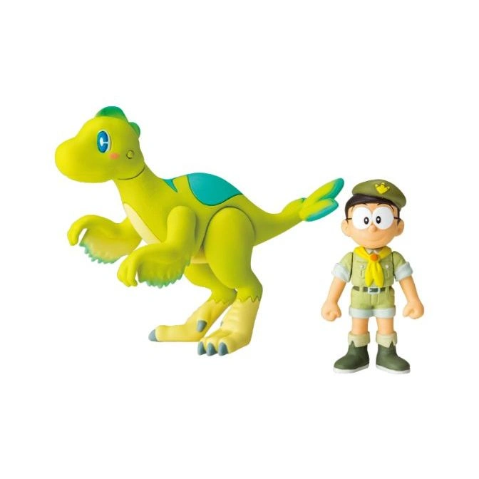 Doraemon dinosaur toy set featuring a green dinosaur and Doraemon in a safari outfit.