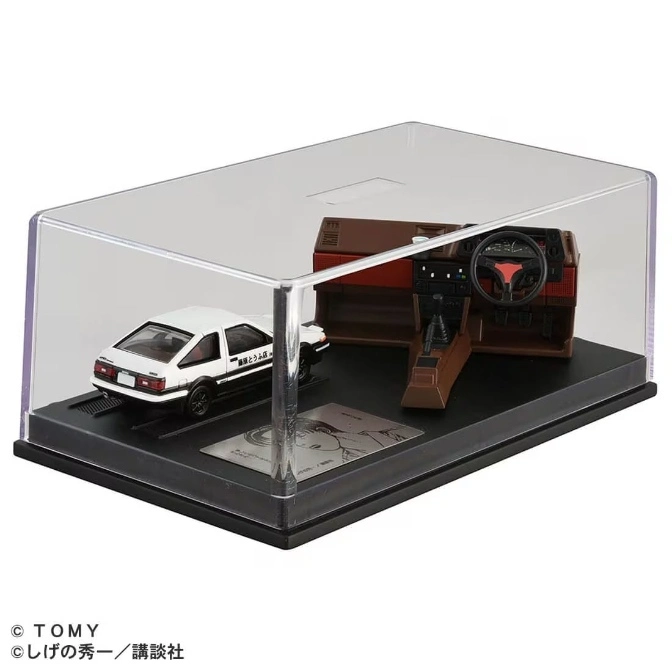 Initial D AE86 diorama with car and interior display in a clear case.