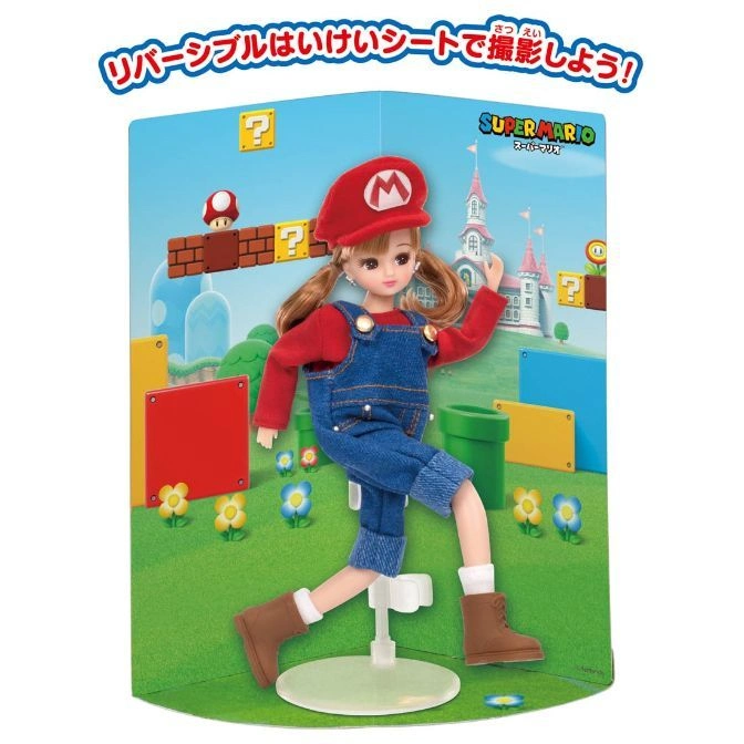  Mario-themed Licca doll in overalls and cap, posed against a Super Mario backdrop.