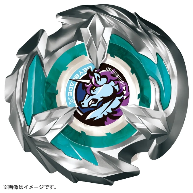  Beyblade X UX-02 Unicorn Sting. Silver, teal, and purple unicorn design.