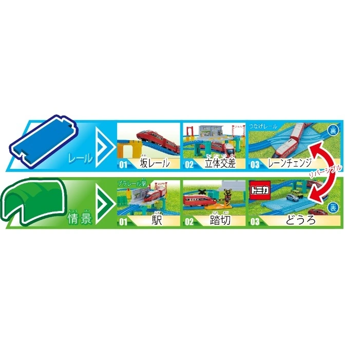  Toy train set with tracks, station, road, and accessories, showing different layout options.