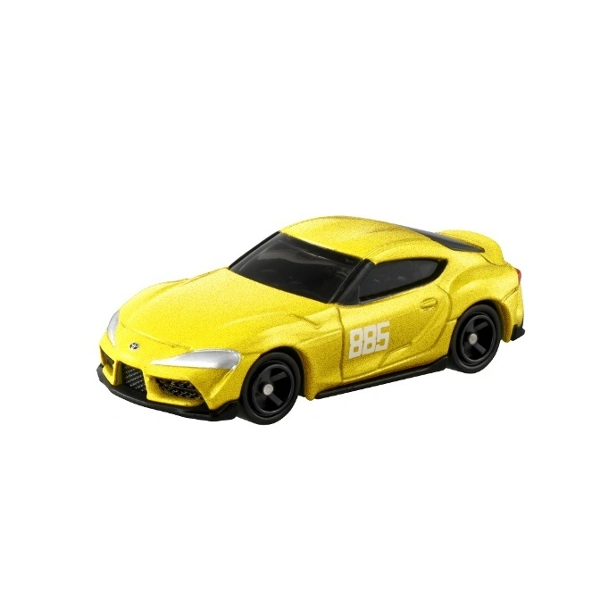 Yellow Toyota Supra toy car with black wheels and "885" on the side.