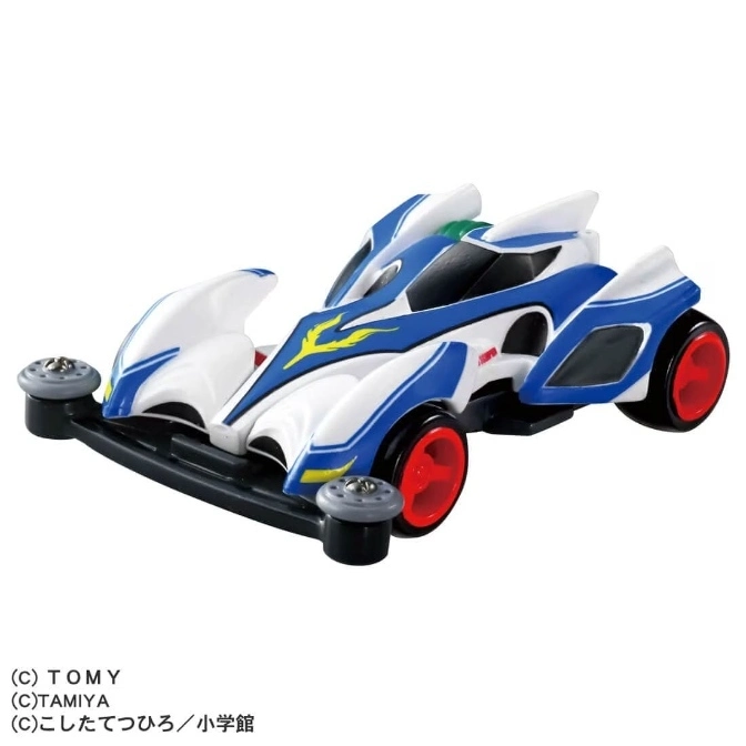White and blue Tamiya Mini 4WD car with red wheels and black chassis.