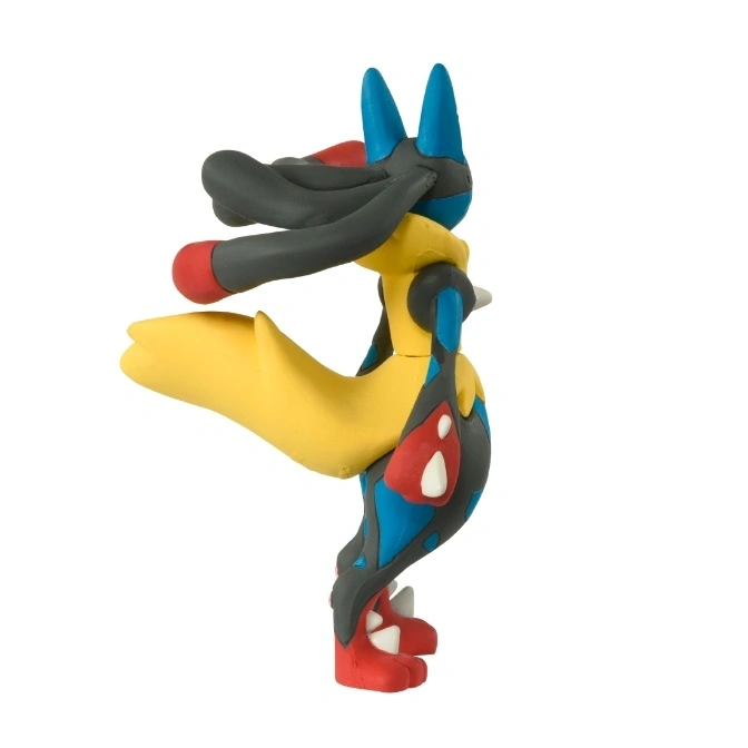  Lucario action figure with blue, yellow, red, and black details standing on a white background.