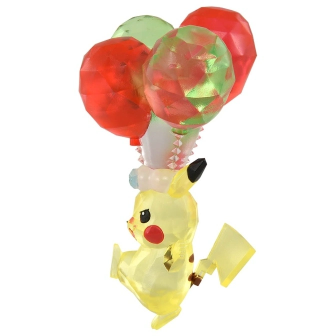 Pikachu toy figure holding red and green balloons.
