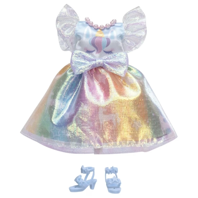  Doll dress with unicorn design, pearl necklace, bow, iridescent skirt, and blue star-accented shoes.
