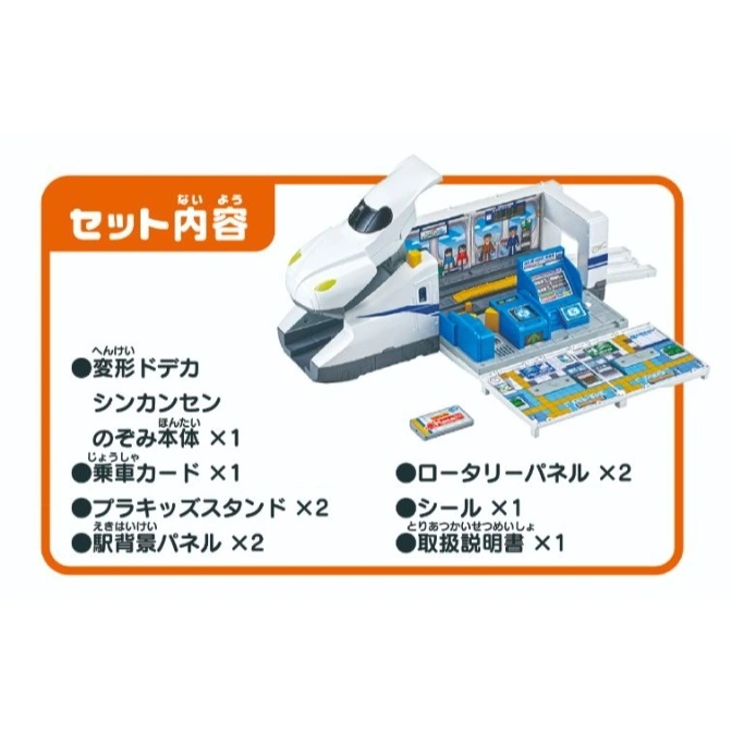  Toy train set with transforming train, figures, station panels, and accessories.