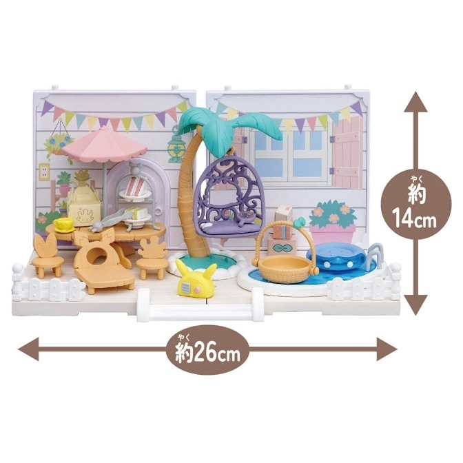  Toy playset with a cafe, pool, palm tree, and swing. Features furniture and accessories.