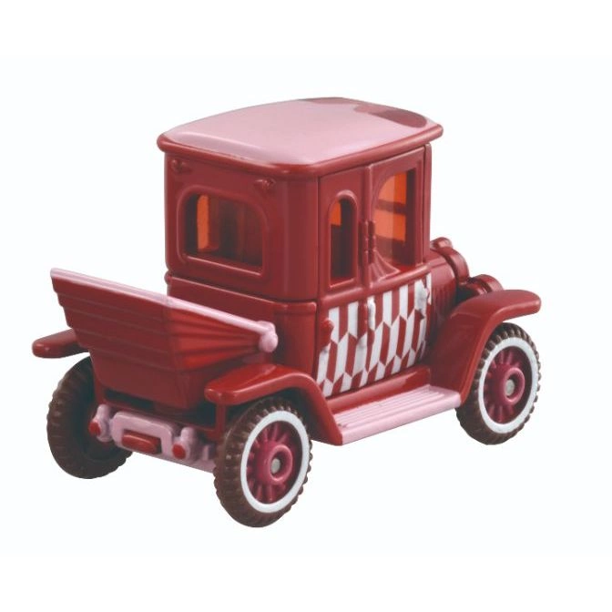  Red and pink toy car with checkered pattern on the side.