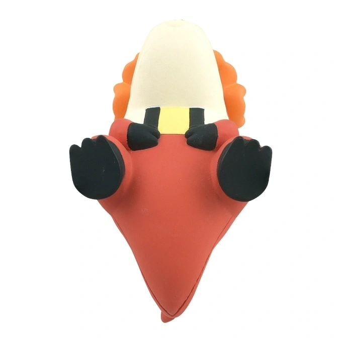  Cartoon toy with a white head, orange hair, red body, and black hands.